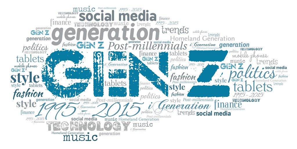 Generation Z word cloud. Includes dozens of words that are different sizes, and colors. Words like Different, Future, Cool, Demanding, Social, Online, Impulsive, Underemployed, Technology, Connected, Mobility, Savvy, Blog, Education, Web, Healthy, Innovation. 