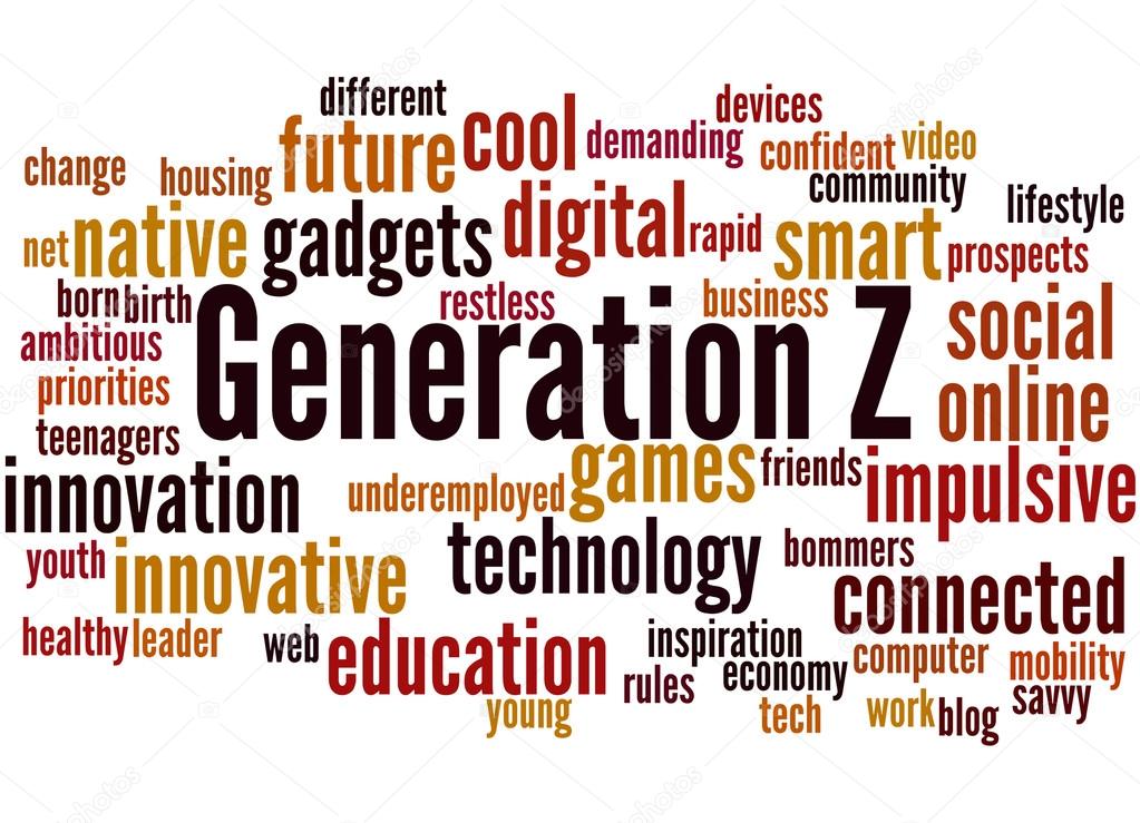 Generation Z word cloud. Includes dozens of words that are different sizes, and colors. Words like Different, Future, Cool, Demanding, Social, Online, Impulsive, Underemployed, Technology, Connected, Mobility, Savvy, Blog, Education, Web, Healthy, Innovation. 